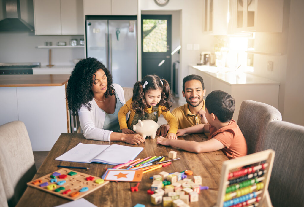 Homework, parents and children with autism education, talking and studying with knowledge in a living room. Family, mother and father with kids, students and learning with conversation studying or activity.