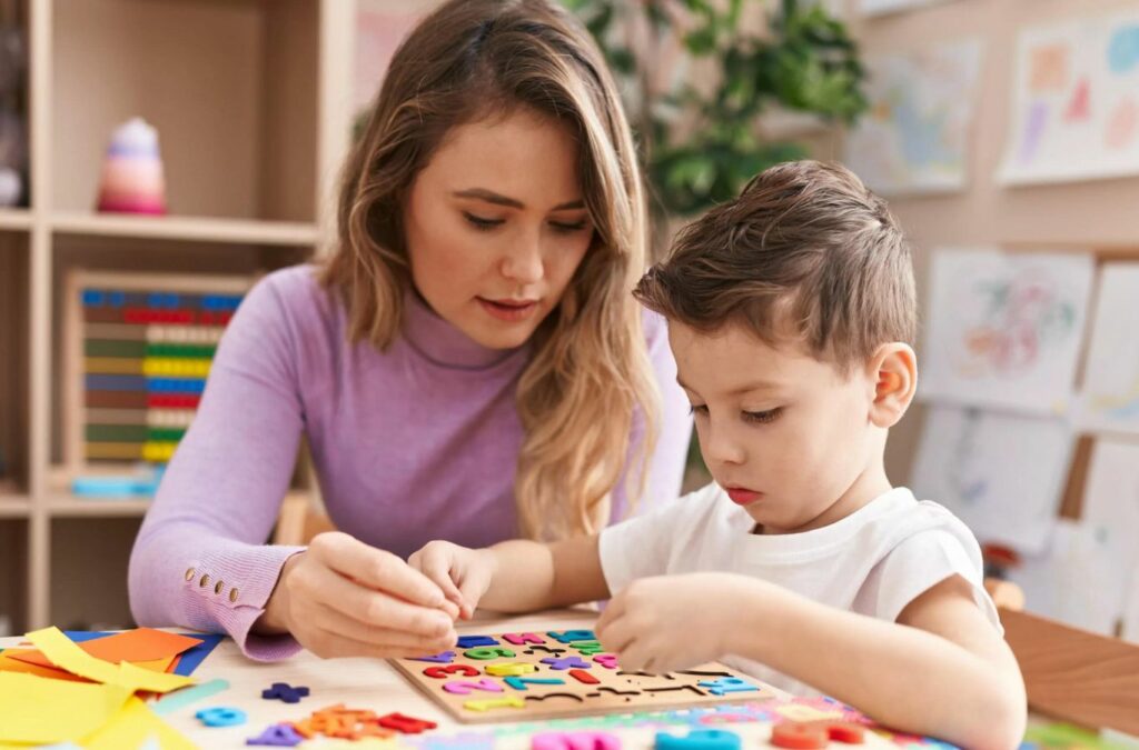 A child participating in interactive ABA therapy sessions in Alpharetta, GA, under the care of a Kids Club ABA therapist, showcasing the advantages of personalized therapy.